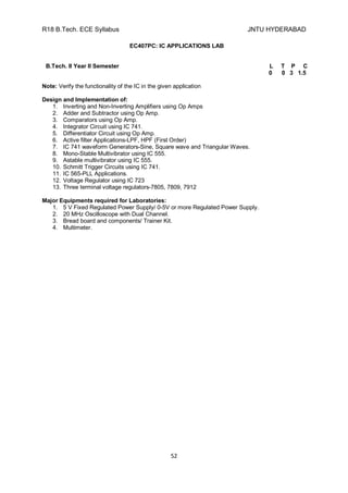 R18 B.Tech. ECE Syllabus JNTU HYDERABAD
52
EC407PC: IC APPLICATIONS LAB
B.Tech. II Year II Semester L T P C
0 0 3 1.5
Note: Verify the functionality of the IC in the given application
Design and Implementation of:
1. Inverting and Non-Inverting Amplifiers using Op Amps
2. Adder and Subtractor using Op Amp.
3. Comparators using Op Amp.
4. Integrator Circuit using IC 741.
5. Differentiator Circuit using Op Amp.
6. Active filter Applications-LPF, HPF (First Order)
7. IC 741 waveform Generators-Sine, Square wave and Triangular Waves.
8. Mono-Stable Multivibrator using IC 555.
9. Astable multivibrator using IC 555.
10. Schmitt Trigger Circuits using IC 741.
11. IC 565-PLL Applications.
12. Voltage Regulator using IC 723
13. Three terminal voltage regulators-7805, 7809, 7912
Major Equipments required for Laboratories:
1. 5 V Fixed Regulated Power Supply/ 0-5V or more Regulated Power Supply.
2. 20 MHz Oscilloscope with Dual Channel.
3. Bread board and components/ Trainer Kit.
4. Multimeter.
 