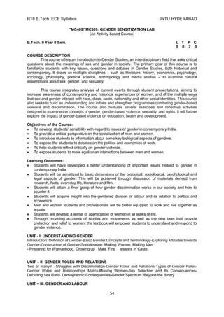 R18 B.Tech. ECE Syllabus JNTU HYDERABAD
54
*MC409/*MC309: GENDER SENSITIZATION LAB
(An Activity-based Course)
B.Tech. II Year II Sem. L T P C
0 0 2 0
COURSE DESCRIPTION
This course offers an introduction to Gender Studies, an interdisciplinary field that asks critical
questions about the meanings of sex and gender in society. The primary goal of this course is to
familiarize students with key issues, questions and debates in Gender Studies, both historical and
contemporary. It draws on multiple disciplines – such as literature, history, economics, psychology,
sociology, philosophy, political science, anthropology and media studies – to examine cultural
assumptions about sex, gender, and sexuality.
This course integrates analysis of current events through student presentations, aiming to
increase awareness of contemporary and historical experiences of women, and of the multiple ways
that sex and gender interact with race, class, caste, nationality and other social identities. This course
also seeks to build an understanding and initiate and strengthen programmes combating gender-based
violence and discrimination. The course also features several exercises and reflective activities
designed to examine the concepts of gender, gender-based violence, sexuality, and rights. It will further
explore the impact of gender-based violence on education, health and development.
Objectives of the Course:
 To develop students’ sensibility with regard to issues of gender in contemporary India.
 To provide a critical perspective on the socialization of men and women.
 To introduce students to information about some key biological aspects of genders.
 To expose the students to debates on the politics and economics of work.
 To help students reflect critically on gender violence.
 To expose students to more egalitarian interactions between men and women.
Learning Outcomes:
 Students will have developed a better understanding of important issues related to gender in
contemporary India.
 Students will be sensitized to basic dimensions of the biological, sociological, psychological and
legal aspects of gender. This will be achieved through discussion of materials derived from
research, facts, everyday life, literature and film.
 Students will attain a finer grasp of how gender discrimination works in our society and how to
counter it.
 Students will acquire insight into the gendered division of labour and its relation to politics and
economics.
 Men and women students and professionals will be better equipped to work and live together as
equals.
 Students will develop a sense of appreciation of women in all walks of life.
 Through providing accounts of studies and movements as well as the new laws that provide
protection and relief to women, the textbook will empower students to understand and respond to
gender violence.
UNIT - I: UNDERSTANDING GENDER
Introduction: Definition of Gender-Basic Gender Concepts and Terminology-Exploring Attitudes towards
Gender-Construction of Gender-Socialization: Making Women, Making Men
- Preparing for Womanhood. Growing up Male. First lessons in Caste.
UNIT – II: GENDER ROLES AND RELATIONS
Two or Many? -Struggles with Discrimination-Gender Roles and Relations-Types of Gender Roles-
Gender Roles and Relationships Matrix-Missing Women-Sex Selection and Its Consequences-
Declining Sex Ratio. Demographic Consequences-Gender Spectrum: Beyond the Binary
UNIT – III: GENDER AND LABOUR
 