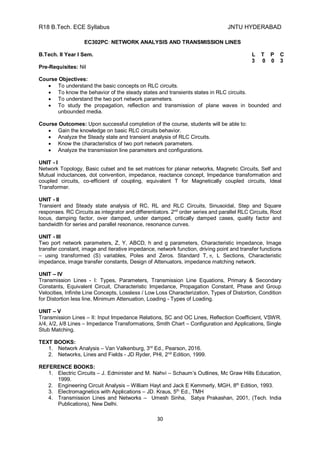 R18 B.Tech. ECE Syllabus JNTU HYDERABAD
30
EC302PC: NETWORK ANALYSIS AND TRANSMISSION LINES
B.Tech. II Year I Sem. L T P C
3 0 0 3
Pre-Requisites: Nil
Course Objectives:
 To understand the basic concepts on RLC circuits.
 To know the behavior of the steady states and transients states in RLC circuits.
 To understand the two port network parameters.
 To study the propagation, reflection and transmission of plane waves in bounded and
unbounded media.
Course Outcomes: Upon successful completion of the course, students will be able to:
 Gain the knowledge on basic RLC circuits behavior.
 Analyze the Steady state and transient analysis of RLC Circuits.
 Know the characteristics of two port network parameters.
 Analyze the transmission line parameters and configurations.
UNIT - I
Network Topology, Basic cutset and tie set matrices for planar networks, Magnetic Circuits, Self and
Mutual inductances, dot convention, impedance, reactance concept, Impedance transformation and
coupled circuits, co-efficient of coupling, equivalent T for Magnetically coupled circuits, Ideal
Transformer.
UNIT - II
Transient and Steady state analysis of RC, RL and RLC Circuits, Sinusoidal, Step and Square
responses. RC Circuits as integrator and differentiators. 2nd
order series and parallel RLC Circuits, Root
locus, damping factor, over damped, under damped, critically damped cases, quality factor and
bandwidth for series and parallel resonance, resonance curves.
UNIT - III
Two port network parameters, Z, Y, ABCD, h and g parameters, Characteristic impedance, Image
transfer constant, image and iterative impedance, network function, driving point and transfer functions
– using transformed (S) variables, Poles and Zeros. Standard T,, L Sections, Characteristic
impedance, image transfer constants, Design of Attenuators, impedance matching network.
UNIT – IV
Transmission Lines - I: Types, Parameters, Transmission Line Equations, Primary & Secondary
Constants, Equivalent Circuit, Characteristic Impedance, Propagation Constant, Phase and Group
Velocities, Infinite Line Concepts, Lossless / Low Loss Characterization, Types of Distortion, Condition
for Distortion less line, Minimum Attenuation, Loading - Types of Loading.
UNIT – V
Transmission Lines – II: Input Impedance Relations, SC and OC Lines, Reflection Coefficient, VSWR.
λ/4, λ/2, λ/8 Lines – Impedance Transformations, Smith Chart – Configuration and Applications, Single
Stub Matching.
TEXT BOOKS:
1. Network Analysis – Van Valkenburg, 3rd
Ed., Pearson, 2016.
2. Networks, Lines and Fields - JD Ryder, PHI, 2nd
Edition, 1999.
REFERENCE BOOKS:
1. Electric Circuits – J. Edminister and M. Nahvi – Schaum’s Outlines, Mc Graw Hills Education,
1999.
2. Engineering Circuit Analysis – William Hayt and Jack E Kemmerly, MGH, 8th
Edition, 1993.
3. Electromagnetics with Applications – JD. Kraus, 5th
Ed., TMH
4. Transmission Lines and Networks – Umesh Sinha, Satya Prakashan, 2001, (Tech. India
Publications), New Delhi.
 