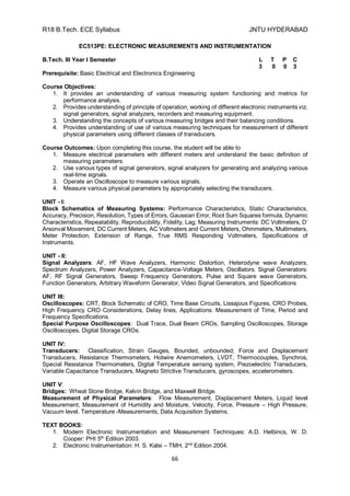 R18 B.Tech. ECE Syllabus JNTU HYDERABAD
66
EC513PE: ELECTRONIC MEASUREMENTS AND INSTRUMENTATION
B.Tech. III Year I Semester L T P C
3 0 0 3
Prerequisite: Basic Electrical and Electronics Engineering
Course Objectives:
1. It provides an understanding of various measuring system functioning and metrics for
performance analysis.
2. Provides understanding of principle of operation, working of different electronic instruments viz.
signal generators, signal analyzers, recorders and measuring equipment.
3. Understanding the concepts of various measuring bridges and their balancing conditions.
4. Provides understanding of use of various measuring techniques for measurement of different
physical parameters using different classes of transducers.
Course Outcomes: Upon completing this course, the student will be able to
1. Measure electrical parameters with different meters and understand the basic definition of
measuring parameters.
2. Use various types of signal generators, signal analyzers for generating and analyzing various
real-time signals.
3. Operate an Oscilloscope to measure various signals.
4. Measure various physical parameters by appropriately selecting the transducers.
UNIT - I:
Block Schematics of Measuring Systems: Performance Characteristics, Static Characteristics,
Accuracy, Precision, Resolution, Types of Errors, Gaussian Error, Root Sum Squares formula, Dynamic
Characteristics, Repeatability, Reproducibility, Fidelity, Lag; Measuring Instruments: DC Voltmeters, D’
Arsonval Movement, DC Current Meters, AC Voltmeters and Current Meters, Ohmmeters, Multimeters,
Meter Protection, Extension of Range, True RMS Responding Voltmeters, Specifications of
Instruments.
UNIT - II:
Signal Analyzers: AF, HF Wave Analyzers, Harmonic Distortion, Heterodyne wave Analyzers,
Spectrum Analyzers, Power Analyzers, Capacitance-Voltage Meters, Oscillators. Signal Generators:
AF, RF Signal Generators, Sweep Frequency Generators, Pulse and Square wave Generators,
Function Generators, Arbitrary Waveform Generator, Video Signal Generators, and Specifications
UNIT III:
Oscilloscopes: CRT, Block Schematic of CRO, Time Base Circuits, Lissajous Figures, CRO Probes,
High Frequency CRO Considerations, Delay lines, Applications: Measurement of Time, Period and
Frequency Specifications.
Special Purpose Oscilloscopes: Dual Trace, Dual Beam CROs, Sampling Oscilloscopes, Storage
Oscilloscopes, Digital Storage CROs.
UNIT IV:
Transducers: Classification, Strain Gauges, Bounded, unbounded; Force and Displacement
Transducers, Resistance Thermometers, Hotwire Anemometers, LVDT, Thermocouples, Synchros,
Special Resistance Thermometers, Digital Temperature sensing system, Piezoelectric Transducers,
Variable Capacitance Transducers, Magneto Strictive Transducers, gyroscopes, accelerometers.
UNIT V:
Bridges: Wheat Stone Bridge, Kelvin Bridge, and Maxwell Bridge.
Measurement of Physical Parameters: Flow Measurement, Displacement Meters, Liquid level
Measurement, Measurement of Humidity and Moisture, Velocity, Force, Pressure – High Pressure,
Vacuum level, Temperature -Measurements, Data Acquisition Systems.
TEXT BOOKS:
1. Modern Electronic Instrumentation and Measurement Techniques: A.D. Helbincs, W. D.
Cooper: PHI 5th
Edition 2003.
2. Electronic Instrumentation: H. S. Kalsi – TMH, 2nd
Edition 2004.
 