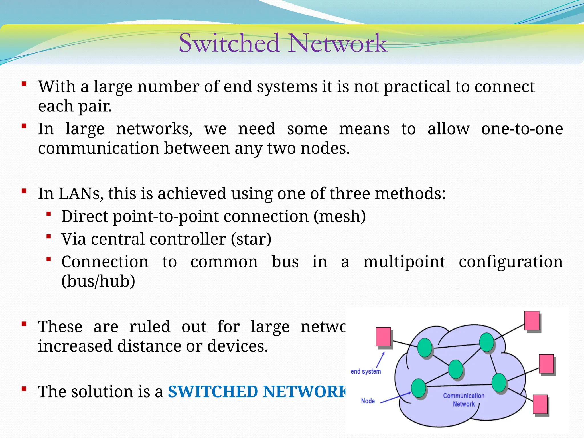 Switched Network
 With a large number of end systems it is not practical to connect
each pair.
 In large networks, we need some means to allow one-to-one
communication between any two nodes.
 In LANs, this is achieved using one of three methods:
 Direct point-to-point connection (mesh)
 Via central controller (star)
 Connection to common bus in a multipoint configuration
(bus/hub)
 These are ruled out for large networks either because of the
increased distance or devices.
 The solution is a SWITCHED NETWORK.
 