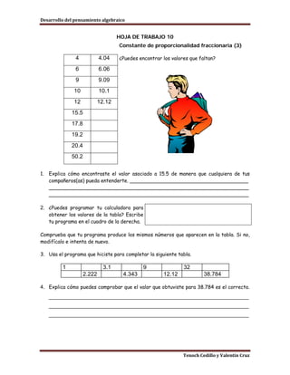 Desarrollo del pensamiento algebraico


                                    HOJA DE TRABAJO 10
                                    Constante de proporcionalidad fraccionaria (3)

               4             4.04   ¿Puedes encontrar los valores que faltan?

               6             6.06
               9             9.09
               10            10.1
               12        12.12
              15.5
              17.8
              19.2
              20.4
              50.2


1.   Explica cómo encontraste el valor asociado a 15.5 de manera que cualquiera de tus
     compañeros(as) pueda entenderte. ______________________________________
     ________________________________________________________________
     ________________________________________________________________

2. ¿Puedes programar tu calculadora para
   obtener los valores de la tabla? Escribe
   tu programa en el cuadro de la derecha.

Comprueba que tu programa produce los mismos números que aparecen en la tabla. Si no,
modifícalo e intenta de nuevo.

3. Usa el programa que hiciste para completar la siguiente tabla.

          1                   3.1             9                32
                     2.222            4.343           12.12             38.784

4. Explica cómo puedes comprobar que el valor que obtuviste para 38.784 es el correcto.
     _____________________________________________________________________
     _____________________________________________________________________
     _____________________________________________________________________




                                                               Tenoch Cedillo y Valentín Cruz
 