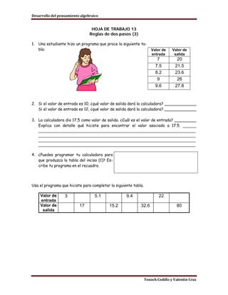 Desarrollo del pensamiento algebraico


                                 HOJA DE TRABAJO 13
                                Reglas de dos pasos (3)

1.   Una estudiante hizo un programa que proce la siguiente ta-
     bla:                                                            Valor de    Valor de
                                                                     entrada      salida
                                                                        7          20
                                                                       7.5        21.5
                                                                       8.2        23.6
                                                                        9          26
                                                                       9.6        27.8



2. Si el valor de entrada es 10, ¿qué valor de salida dará la calculadora? _____________
   Si el valor de entrada es 12, ¿qué valor de salida dará la calculadora? _____________

3. La calculadora dio 17.5 como valor de salida. ¿Cuál es el valor de entrada? _________
   Explica con detalle qué hiciste para encontrar el valor asociado a 17.5. ______
   _____________________________________________________________________
   _____________________________________________________________________
   _____________________________________________________________________
   _____________________________________________________________________

4. ¿Puedes programar tu calculadora para
   que produzca la tabla del inciso (1)? Es-
   cribe tu programa en el recuadro.




Usa el programa que hiciste para completar la siguiente tabla.

      Valor de     3               5.1              9.4                  22
      entrada
      Valor de             17              15.2             32.6                   80
       salida




                                                                 Tenoch Cedillo y Valentín Cruz
 