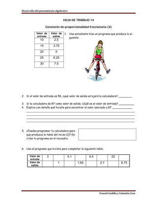 Desarrollo del pensamiento algebraico


                                      HOJA DE TRABAJO 14

                      Constante de proporcionalidad fraccionaria (4)

           Valor de        Valor de   1.    Una estudiante hizo un programa que produce lo si-
           entrada          salida
                                            guiente:
                 10          2.5
                 15         3.75
                 20           5
                 25         6.25
                 30          7.5




2. Si el valor de entrada es 56, ¿qué valor de salida arrojará la calculadora? ________

3. Si la calculadora da 87 como valor de salida. ¿Cuál es el valor de entrada? _________
4. Explica con detalle qué hiciste para encontrar el valor asociado a 87 ____________
   _____________________________________________________________________
   _____________________________________________________________________
   _____________________________________________________________________
   _____________________________________________________________________


5. ¿Puedes programar tu calculadora para
   que produzca la tabla del inciso (1)? Es-
   cribe tu programa en el recuadro.


6. Usa el programa que hiciste para completar la siguiente tabla.

      Valor de         3                   5.1             9.4               22
      entrada
      Valor de                    1               1.65              2.7              8.75
       salida




                                                                   Tenoch Cedillo y Valentín Cruz
 