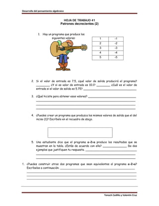 Desarrollo del pensamiento algebraico


                                        HOJA DE TRABAJO 41
                                  Patrones decrecientes (2)


              1.   Hay un programa que produce los
                          siguientes valores:                 1            -1
                                                              2            -2
                                                              3            -3
                                                              4            -4
                                                              5            -5




        2. Si el valor de entrada es 7.5, ¿qué valor de salida producirá el programa?
           ________ ¿Y si es valor de entrada es 10.1? ________ ¿Cuál es el valor de
           entrada si el valor de salida es 5.75? _______________________________

        3. ¿Qué hiciste para obtener esos valores? ____________________________
           __________________________________________________________
           __________________________________________________________
           __________________________________________________________

        4. ¿Puedes crear un programa que produzca los mismos valores de salida que el del
           inciso (1)? Escríbelo en el recuadro de abajo.




        5. Una estudiante dice que el programa a−2×a produce los resultados que se
           muestran en la tabla. ¿Estás de acuerdo con ella? ______________ Da dos
           ejemplos que justifiquen tu respuesta. ______________________________
           __________________________________________________________
           __________________________________________________________

1. ¿Puedes construir otros dos programas que sean equivalentes al programa a−2×a?
   Escríbelos a continuación. _______________________________________________
   _____________________________________________________________________
   _____________________________________________________________________
   _____________________________________________________________________




                                                                  Tenoch Cedillo y Valentín Cruz
 