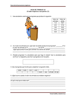 Desarrollo del pensamiento algebraico


                                    HOJA DE TRABAJO 33
                              El todo respecto a sus partes (1)


1.   Una estudiante construyó un programa que produce lo siguiente:

                                                                         Valor de      Valor de
                                                                         entrada        salida
                                                                            1.3          18.7
                                                                            2.5          17.5
                                                                            3.8          16.2
                                                                            4.4          15.6
                                                                            5.9          14.1




2. Si el valor de entrada es 6, ¿qué valor de salida producirá el programa? _______ ¿Y si
   el valor de entrada es 7? ____________ ¿Si es 9? _________________________
    ¿Qué operaciones hiciste para obtener los valores de salida? __________________
   ________________________________________________________________

3. ¿Puedes programar tu calculadora para que haga lo mismo? Usa la calculadora para
   verificar tu respuesta y escribe tu programa en el recuadro.




3. Usa el programa que hiciste para completar la siguiente tabla.

             2.83      3.03      - 3.5   - 4.8
                                                 5.01    6.2        27.04    37.32

4. ¿Qué ocurre cuando el valor de entrada es un número negativo?
________________________________________________________________________
________________________________________________________________________
¿A qué crees que se deba eso? _______________________________________________
________________________________________________________________________
________________________________________________________________________
________________________________________________________________________




                                                                    Tenoch Cedillo y Valentín Cruz
 