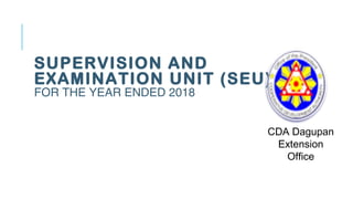 SUPERVISION AND
EXAMINATION UNIT (SEU)
FOR THE YEAR ENDED 2018
CDA Dagupan
Extension
Office
 