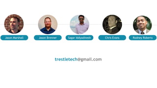 It is a long established fact that a reader will be distracted by the
readable content of a page when looking at its layout.
Jason Marshall Jason Brenner Sagar Iddyadinesh Chris Evans Rodney Roberts
trestletech@gmail.com
 