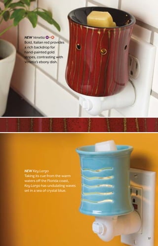 NEW Daisies
Sunny daisies glow from
within on a background
of summery goldenrod.
Shown on page 32.
NEW Key Largo
Taking its cue from the warm
waters off the Florida coast,
Key Largo has undulating waves
set in a sea of crystal blue.
NEW Venetia
Bold, Italian red provides
a rich backdrop for
hand-painted gold
stripes, contrasting with
Venetia’s ebony dish.
37
 