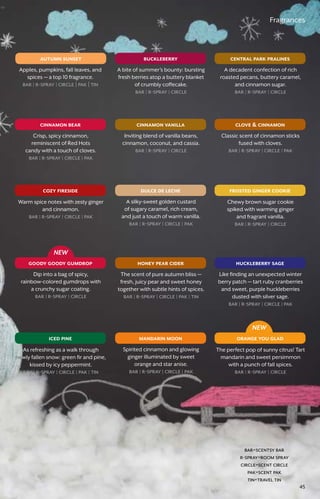 Fragrances
iced pine
NEW
mandarin moon orange you glad
dulce de leche frosted ginger cookiecozy fireside
cinnamon vanilla clove  cinnamoncinnamon bear
goody goody gumdrop huckleberry sagehoney pear cider
central park pralinesbuckleberryautumn sunset
NEW
A decadent confection of rich
roasted pecans, buttery caramel,
and cinnamon sugar.
bar � r-spray � circle
A bite of summer’s bounty: bursting
fresh berries atop a buttery blanket
of crumbly coffecake.
bar � r-spray � circle
Apples, pumpkins, fall leaves, and
spices — a top 10 fragrance.
bar � r-spray � circle | pak | tin
Inviting blend of vanilla beans,
cinnamon, coconut, and cassia.
bar � r-spray � circle
Classic scent of cinnamon sticks
fused with cloves.
bar � r-spray � circle � pak
Crisp, spicy cinnamon,
reminiscent of Red Hots
candy with a touch of cloves.
bar � r-spray � circle � pak
A silky-sweet golden custard
of sugary caramel, rich cream,
and just a touch of warm vanilla.
bar � r-spray � circle � pak
Chewy brown sugar cookie
spiked with warming ginger
and fragrant vanilla.
bar � r-spray � circle
Warm spice notes with zesty ginger
and cinnamon.
bar � r-spray � circle � pak
Dip into a bag of spicy,
rainbow-colored gumdrops with
a crunchy sugar coating.
bar � r-spray � circle
Like finding an unexpected winter
berry patch — tart ruby cranberries
and sweet, purple huckleberries
dusted with silver sage.
bar � r-spray � circle � pak
The scent of pure autumn bliss —
fresh, juicy pear and sweet honey
together with subtle hints of spices.
bar � r-spray � circle � pak � tin
As refreshing as a walk through
newly fallen snow: green fir and pine,
kissed by icy peppermint.
bar � r-spray � circle � pak � tin
Spirited cinnamon and glowing
ginger illuminated by sweet
orange and star anise.
bar � r-spray � circle � pak
The perfect pop of sunny citrus! Tart
mandarin and sweet persimmon
with a punch of fall spices.
bar � r-spray � circle
bar=scentsy bar
r-spray=room spray
circle=scent circle
pak=scent pak
tin=travel tin
45
 