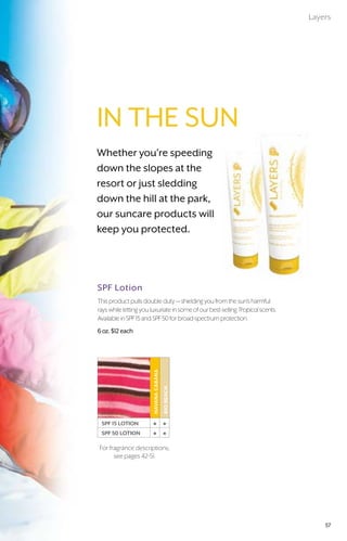 SPF Lotion
Thisproductpullsdoubleduty—shieldingyoufromthesun’sharmful
rayswhilelettingyouluxuriateinsomeofourbest-sellingTropicalscents.
AvailableinSPF15andSPF50forbroad-spectrumprotection.
6oz.$12each
In the Sun
Whether you’re speeding
down the slopes at the
resort or just sledding
down the hill at the park,
our suncare products will
keep you protected.
havanacabana
riobeach
SPF 15 LOTION • •
SPF 50 LOTION • •
For fragrance descriptions,
see pages 42-51.
Layers
57
 