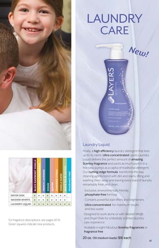 Laundry Liquid
Finally, a high efficiency laundry detergent that lives
up to its name. Ultra concentrated Layers Laundry
Liquid delivers the perfect amount of amazing
Scentsy fragrance and packs as much punch in a
few easy pumps as a capful of traditional detergent.
Our cutting-edge formula transforms the way
cleaning agents bond with dirt and stains, lifting and
washing them away and leaving every load of laundry
remarkably fresh and clean.
· Exclusive, environmentally friendly
phosphate-free formula
· Contains powerful stain lifters and brighteners
· Ultra concentrated for maximum results
and less waste
·Designed to work alone or with Washer Whiffs
and Dryer Disks for a blissfully scented laundry
care experience
· Available in eight fabulous Scentsy fragrances or
fragrance free
20 oz. (50 medium loads) $16 each
blackraspberryvanilla
coconutlemongrass
frenchlavender
ocean
quiver
sunkissedcitrus
vanillasuede
whiteteacactus
fragrancefree
DRYER DISK • • • • • • • •
WASHER WHIFFS • • • • • • • •
LAUNDRY LIQUID • • • • • • • • •
Laundry
Care
For fragrance descriptions, see pages 42-51.
Green squares indicate new products.
61
 