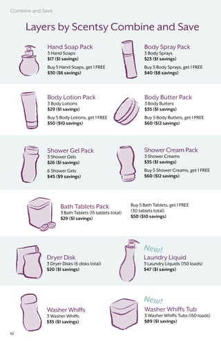Shower Gel Pack
3 Shower Gels
$26 ($1 savings)
6 Shower Gels
$45 ($9 savings)
Body Butter Pack
3 Body Butters
$35 ($1 savings)
Buy 5 Body Butters, get 1 FREE
$60 ($12 savings)
Bath Tablets Pack
3 Bath Tablets (15 tablets total)
$29 ($1 savings)
Body Lotion Pack
3 Body Lotions
$29 ($1 savings)
Buy 5 Body Lotions, get 1 FREE
$50 ($10 savings)
Hand Soap Pack
3 Hand Soaps
$17 ($1 savings)
Buy 5 Hand Soaps, get 1 FREE
$30 ($6 savings)
Shower Cream Pack
3 Shower Creams
$35 ($1 savings)
Buy 5 Shower Creams, get 1 FREE
$60 ($12 savings)
Body Spray Pack
3 Body Sprays
$23 ($1 savings)
Buy 5 Body Sprays, get 1 FREE
$40 ($8 savings)
Buy 5 Bath Tablets, get 1 FREE
(30 tablets total)
$50 ($10 savings)
Layers by Scentsy Combine and Save
Dryer Disk
3 Dryer Disks (6 disks total)
$20 ($1 savings)
Washer Whiffs
3 Washer Whiffs
$35 ($1 savings)
Laundry Liquid
3 Laundry Liquids (150 loads)
$47 ($1 savings)
Washer Whiffs Tub
3 Washer Whiffs Tubs (150 loads)
$89 ($1 savings)
Combine and Save
62
 