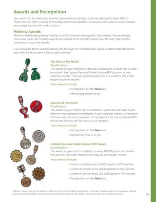 25
Awards and Recognition
You work hard to make your business grow and you deserve to be recognized for your efforts!
That’s why we offer a variety of monthly and annual awards that reward your superior work and also
encourage your growth and success.*
Monthly Awards
Monthly awards are given by Scentsy to all Consultants who qualify. Each award may be earned
numerous times. All monthly awards are earned at the Scentsy Family level through sales and/or
recruiting in any or all brands.
If a Consultant hasn’t already earned one through the Shooting Star Award, a charm bracelet will be
sent with the first charm a Consultant achieves.
Top Sales of the Month
Qualifications:
This award is given monthly to the top Consultants in each title in each
brand with the highest Personal Retail Volume (PRV) points in one
calendar month. Titles are determined by the Consultant’s title at the
beginning of the month.
Your rewards include:
		• Recognition on the News tab
		• Money bag charm or pin
Sponsor of the Month
Qualifications:
This award is given to the top Consultant in each title and each brand
with the most personal enrollments in one calendar month; a minimum
of three new recruits is required. In the case of a tie, the combined PRV
of the new recruits will be used as a tie-breaker.
Your rewards include:
		• Recognition on the News tab
		• Sponsoring charm or pin
Lifetime Personal Retail Volume (PRV) Award
Qualifications:
This award is given to Consultants for every 10,000 points in Lifetime
PRV earned. Only one charm or pin may be earned per month.
Your rewards include:
		• Charm or pin for every 10,000 points in PRV earned
		• Charm or pin for every 50,000 points in PRV earned
		• Charm or pin for every 100,000 points in PRV earned
		• Recognition on the News tab
*Scentsy reserves the right to change or add new forms of Consultant recognition. In the case of business partners or spouses working
under the same Consultant account, only one award item (bracelet, pin, trophy, etc.) will be given per qualifying account.
 