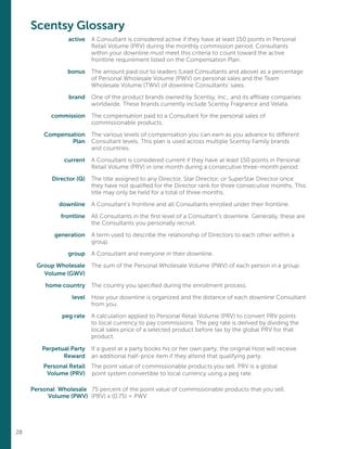 28
Scentsy Glossary
	 active	A Consultant is considered active if they have at least 150 points in Personal
Retail Volume (PRV) during the monthly commission period. Consultants
within your downline must meet this criteria to count toward the active
frontline requirement listed on the Compensation Plan.
	 bonus	The amount paid out to leaders (Lead Consultants and above) as a percentage
of Personal Wholesale Volume (PWV) on personal sales and the Team
Wholesale Volume (TWV) of downline Consultants’ sales.
	 brand	One of the product brands owned by Scentsy, Inc., and its affiliate companies
worldwide. These brands currently include Scentsy Fragrance and Velata.
	 commission	The compensation paid to a Consultant for the personal sales of
commissionable products.
	 Compensation	 The various levels of compensation you can earn as you advance to different
	 Plan	 Consultant levels. This plan is used across multiple Scentsy Family brands
		 and countries.
	 current	A Consultant is considered current if they have at least 150 points in Personal
Retail Volume (PRV) in one month during a consecutive three-month period.
	 Director (Q)	 The title assigned to any Director, Star Director, or SuperStar Director once
they have not qualified for the Director rank for three consecutive months. This
title may only be held for a total of three months.
	 downline	 A Consultant’s frontline and all Consultants enrolled under their frontline.
	 frontline	All Consultants in the first level of a Consultant’s downline. Generally, these are
the Consultants you personally recruit.
	 generation	 A term used to describe the relationship of Directors to each other within a 	
		group.
	 group	A Consultant and everyone in their downline.
	 Group Wholesale	The sum of the Personal Wholesale Volume (PWV) of each person in a group.
	 Volume (GWV)
	 home country	The country you specified during the enrollment process.
	 level	How your downline is organized and the distance of each downline Consultant
from you.
	 peg rate	A calculation applied to Personal Retail Volume (PRV) to convert PRV points
to local currency to pay commissions. The peg rate is derived by dividing the
local sales price of a selected product before tax by the global PRV for that
product.
	 Perpetual Party	 If a guest at a party books his or her own party, the original Host will receive
	 Reward	 an additional half-price item if they attend that qualifying party.	
	 Personal Retail 	 The point value of commissionable products you sell. PRV is a global
	 Volume (PRV)	 	point system convertible to local currency using a peg rate.
	
	Personal Wholesale 		75 percent of the point value of commissionable products that you sell.
	 Volume (PWV) 	(PRV) x (0.75) = PWV
 