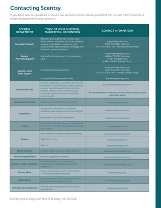 SCENTSY
DEPARTMENT
TOPIC OF YOUR QUESTION,
SUGGESTION, OR CONCERN
CONTACT INFORMATION
Consultant Support
Website names and domain names, order
status, product questions and issues, ordering
assistance, Workstation questions, rank
advancements, replacements, exchanges, lost
shipments, general questions
support@scentsy.com
1-877-855-0617 (toll-free)
5 a.m. to 10 p.m. (MT), Monday through Friday
Scentsy
Pay Portal Support
Scentsy Pay Portal account, Compensation
Card
support@scentsypay.com
1-866-277-1790 (toll-free)
1-778-373-5389 (toll)
1-866-278-8825 (Puerto Rico)
Scentsy Family
Store Support
Scentsy Family Store questions
storesupport@scentsy.com
1-877-855-0617 (toll-free)
9 a.m. to 5 p.m. (MT), Monday through Friday
Scentsy Family Store product ideas storeideas@scentsy.com
Account Services
Account suspensions, voluntary cancellations,
restorations, Social Security number updates,
account transfer requests, Business Entity
requests, Director team names, change
of country requests, the new-Consultant
welcome calls.
accountservices@scentsy.com
For documentation purposes, Account Services only accepts
requests by email.
Awards and Incentives Awards, award nominations, incentives awards@scentsy.com
Compliance
Ad approvals, information on Internet
marketing, logo usage, promotional materials adapproval@scentsy.com
Independent Consultant Agreement compliance@scentsy.com
Events
Annual Scentsy Family Reunion, Spring Sprint,
Boot Camp, incentive trips, leadership retreat,
other events
events@scentsy.com
Finance
Commissions, bonuses, Compensation Plan commissions@scentsy.com
1099-MISC forms finance@scentsy.com
Sales tax salestax@scentsy.com
Media Relations Publicity, public relations, media relations mediarelations@scentsy.com
Product Development Product suggestions, feedback productideas@scentsy.com
Scentsy Family Foundation
Charitable donations, sponsorships,
scholarships, Charitable Cause product
suggestions
ScentsyFamilyFoundation.org
Scentsy News
Email communications from home office,
Consultant Spotlight newsletter news@scentsy.com
Subscriptions
Personal Website, Scent and Warmer of the
Month, International Service Fees subscriptions@scentsy.com
Training and Development
Training, personal development, business
development training@scentsy.com
Contacting Scentsy
If you have specific questions or issues, we are here to help. Below you’ll find the contact information for a
range of departments and concerns.
Scentsy and its logos are TMs of Scentsy, Inc. © 2012.
 