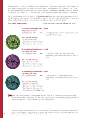 6
Consultants. By focusing on booking parties and sharing the business opportunity, you’ll be well on
your way to qualifying for this award — and also build a firm foundation for future success! There
are three levels of the Scentsational Start Award; you will be awarded the highest level you achieve
during your first 70 days as a Consultant. Day One is the day you enroll and order your Starter Kit.
Go to your Workstation home page or the Performance tab to track your progress toward earning
the Scentsational Start Award. You are eligible to achieve the Scentsational Start Award only once as
a Scentsy Family Consultant, no matter how many brands you may ultimately sell.
Your target date to qualify: (Your enrollment date plus 69 calendar days)
Scentsational Start Award — Level 1
To qualify, you need:
1,250 points in PRV	 or ...	 Three personally sponsored Consultants who 	
					 reach 150 PRV in sales
Your rewards include:
• $50 Product Credit*
• Scentsational Start lapel pin
• Certificate of Achievement
Scentsational Start Award — Level 2
To qualify, you need:
2,500 points in PRV	 or ...	 1,250 points in PRV and three personally 		
					 sponsored Consultants who reach 150 PRV in 	
					sales
Your rewards include:
• $125 Product Credit*
• Scentsational Start lapel pin
• Certificate of Achievement
Scentsational Start Award — Level 3
To qualify, you need:
5,000 points in PRV	 or ...	2,500 points in PRV and six personally
sponsored Consultants who reach 150 PRV in
sales
Your rewards include:
• $200 Product Credit*
• Scentsational Start lapel pin
• Certificate of Achievement
• Recognition on the News tab
Visit the Training Center for information and tips on how to earn these amazing incentives,
along with more on how to set and reach your goals. And no matter what goals you reach for,
keep setting them. Once you meet a goal, set a bigger one!
*The Product Credit for these awards is posted in your Workstation by the 10th of the month following the qualification date.
To use the credit, simply select Product Credit on the payment page after placing an order. Certificates, pins, and other items
will be sent at the end of the month following the qualification period.
 