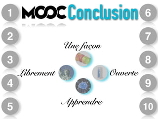 6 
7 
8 
9 
10 
1 
2 
3 
4 
5 
Conclusion 
Une façon 
Librement Ouverte 
Apprendre 
 