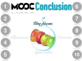 6 
7 
8 
9 
10 
1 
2 
3 
4 
5 
Conclusion 
? 
Une façon 
Librement Ouverte 
Apprendre 
 