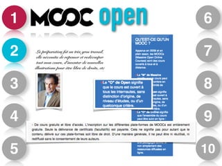 1 open 
2 
3 
4 
5 
6 
7 
8 
9 
10 
La préparation fut un très gros travail, 
elle nécessita de repenser et redécouper 
tout mon cours, d’inventer de nouvelles 
illustrations pour être libre de droits, etc 
 