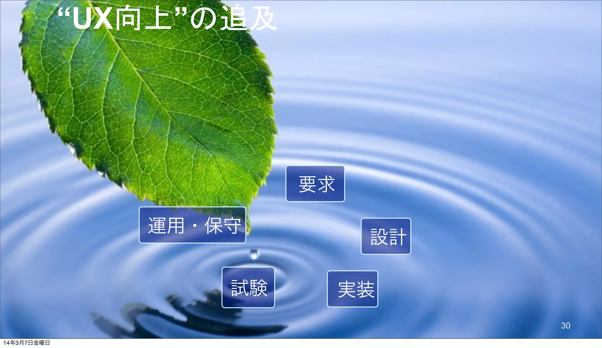 © 2014 NTT DOCOMO, INC. All rights reserved.
要求
設計
実装試験
運用・保守
“UX向上”の追及
30
14年3月7日金曜日
 