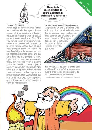 Rescatados_38.indd 5

a
ic
bl
bí

Tiempo de espera
Al fin dejó de llover. El arca flotaba
solo encima de las aguas. Lentamente el agua comenzó a bajar, y
después de meses el arca se detuvo
en los montes de Ararat. Pero Noé
y su familia tenían que esperar otros
meses más, porque todo el resto de
la tierra estaba todavía bajo el agua.
Para averiguar, cómo era afuera del
arca, Noé dejó volar un cuervo, pero
no regresó. Entonces soltó una paloma. Esta regresó, porque no había
lugar para reposar. Una semana más
tarde, otra vez dejó volar la paloma,
y está vez volvió con una hojita de
olivo en su pico. De este modo, Noé
sabía que las aguas se habían retirado
y que las plantas habían empezado a
brotar nuevamente. Otros siete días
más tarde, Noé dejó volar la paloma
que entonces ya no volvió, porque la
tierra se había secado.

ia
or
st
hi

El arca tenía
unos 14 metros de
altura, 23 metros de
anchura y 137 metros de
longitud.

5

Un nuevo comienzo y una promesa
Después de un año y diez días, Dios
ordenó a Noé que él, su familia y todos los animales que estaban con
ellos, salieran del arca para un
nuevo comienzo. Muy agradecidos por la salvación,
alabaron al Señor, y
Dios les prometió
que nunca

más volvería a destruir la tierra con
un diluvio. Como señal de su promesa
puso el arco iris en el cielo, que todavía podemos observar hoy día.
Historia bíblica basada en Génesis 6-8, por Hartmut

01.09.11 19:44

 
