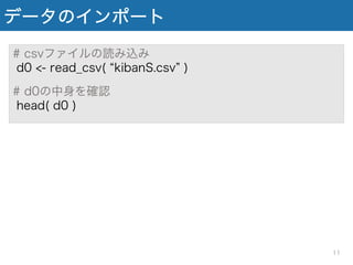 データのインポート
# csvファイルの読み込み
d0 <- read_csv( kibanS.csv )
# d0の中身を確認
head( d0 )
11
 