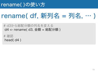 rename( )の使い方
# d3から総配分額の列名を変える
d4 <- rename( d3, 金額 = 総配分額 )
# 確認
head( d4 )
rename( df, 新列名 = 列名, … )
19
 