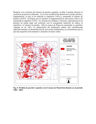Respecto a la evolución del número de parches vegetales, la tabla 2 permite observar la
ocurrencia de procesos diferentes. En el caso de Macul-San Ramón ha ocurrido atrición y
fragmentación, ya que se ha reducido la superficie (-34%) y aumentado el número de
parches (32,8%). En Pirque, por el contrario, la fragmentación ha sido menor (14%) y ha
aumentado la superficie (3,4%). En Arrayán-Las Hultatas y Chicureo, especialmente en la
primera, ha tenido lugar una extinción, con la consiguiente reducción de ambos, la
superficie y el número de parches. Sólo la cuenca de Pirque ha aumentado su superficie
vegetada en un 3,4%. La urbanización del piedemonte andino está contribuyendo
significativamente a la desertificación de esta cuenca mediterránea, en circunstancias que lo
que más requeriría sería mantener o aumentar sus áreas verdes.
1 : 95.000
Cuenca de Estudio
Hidrografía
Caminos
Leyenda
Perdida de Parches
Vegetacionales Periodo
1989 - 2003
MACUL - SAN RAMÓN
Parches Vegetacionales
Variación 1989 - 2003
Fig. 9. Pérdida de parches vegetales en la Cuenca de Macul-San Ramón en el período
1989 – 2003
 