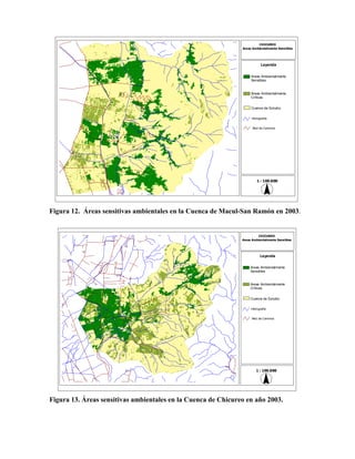 Figura 12. Áreas sensitivas ambientales en la Cuenca de Macul-San Ramón en 2003.
Figura 13. Áreas sensitivas ambientales en la Cuenca de Chicureo en año 2003.
Red de Caminos
Hidrografía
Areas Ambientalmente
Críticas
Areas Ambientalmente
Sensibles
Leyenda
CHICUREO
Areas Ambientalmente Sensibles
1 : 100.000
Cuenca de Estudio
Red de Caminos
Hidrografía
Areas Ambientalmente
Críticas
Areas Ambientalmente
Sensibles
Leyenda
CHICUREO
Areas Ambientalmente Sensibles
1 : 100.000
Cuenca de Estudio
 