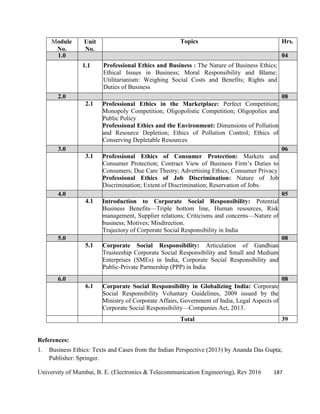 University of Mumbai, B. E. (Electronics & Telecommunication Engineering), Rev 2016 187
Module
No.
Unit
No.
Topics Hrs.
1.0 04
1.1 Professional Ethics and Business : The Nature of Business Ethics;
Ethical Issues in Business; Moral Responsibility and Blame;
Utilitarianism: Weighing Social Costs and Benefits; Rights and
Duties of Business
2.0 08
2.1 Professional Ethics in the Marketplace: Perfect Competition;
Monopoly Competition; Oligopolistic Competition; Oligopolies and
Public Policy
Professional Ethics and the Environment: Dimensions of Pollution
and Resource Depletion; Ethics of Pollution Control; Ethics of
Conserving Depletable Resources
3.0 06
3.1 Professional Ethics of Consumer Protection: Markets and
Consumer Protection; Contract View of Business Firm‘s Duties to
Consumers; Due Care Theory; Advertising Ethics; Consumer Privacy
Professional Ethics of Job Discrimination: Nature of Job
Discrimination; Extent of Discrimination; Reservation of Jobs.
4.0 05
4.1 Introduction to Corporate Social Responsibility: Potential
Business Benefits—Triple bottom line, Human resources, Risk
management, Supplier relations; Criticisms and concerns—Nature of
business; Motives; Misdirection.
Trajectory of Corporate Social Responsibility in India
5.0 08
5.1 Corporate Social Responsibility: Articulation of Gandhian
Trusteeship Corporate Social Responsibility and Small and Medium
Enterprises (SMEs) in India, Corporate Social Responsibility and
Public-Private Partnership (PPP) in India
6.0 08
6.1 Corporate Social Responsibility in Globalizing India: Corporate
Social Responsibility Voluntary Guidelines, 2009 issued by the
Ministry of Corporate Affairs, Government of India, Legal Aspects of
Corporate Social Responsibility—Companies Act, 2013.
Total 39
References:
1. Business Ethics: Texts and Cases from the Indian Perspective (2013) by Ananda Das Gupta;
Publisher: Springer.
 