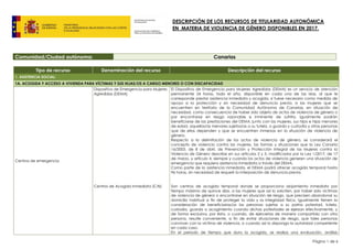 Página 1 de 6
Comunidad/Ciudad autónoma: Canarias
Tipo de recurso Denominación del recurso Descripción del recurso
1. ASISTENCIA SOCIAL:
1A. ACOGIDA Y ACCESO A VIVIENDA PARA VÍCTIMAS Y SUS HIJAS/OS A CARGO MENORES O CON DISCAPACIDAD
Centros de emergencia
Dispositivo de Emergencia para Mujeres
Agredidas (DEMA)
Centros de Acogida Inmediata (CAI)
El Dispositivo de Emergencia para Mujeres Agredidas (DEMA) es un servicio de atención
permanente 24 horas, todo el año, disponible en cada una de las islas, al que le
corresponde prestar asistencia inmediata y acogida, si fuese necesario como medida de
apoyo a la protección y sin necesidad de denuncia previa, a las mujeres que se
encuentren en territorio de la Comunidad Autónoma de Canarias, en situación de
necesidad, como consecuencia de haber sido objeto de actos de violencia de género o
por encontrarse en riesgo razonable e inminente de sufrirla. Igualmente podrán
beneficiarse de las prestaciones del DEMA, junto con las mujeres, sus hijos e hijas menores
de edad, aquellos/as menores sujetos/as a su tutela, o guarda y custodia y otras personas
que de ellas dependen y que se encuentren inmersas en la situación de violencia de
género.
Respecto a la delimitación de los actos de violencia de género, se considerará el
concepto de violencia contra las mujeres, las formas y situaciones que la Ley Canaria
16/2003, de 8 de abril, de Prevención y Protección Integral de las Mujeres contra la
Violencia de Género describe en sus artículos 2 y 3, modificados por la Ley 1/2017, de 17
de marzo, y artículo 4, siempre y cuando los actos de violencia generen una situación de
emergencia que requiera asistencia inmediata a través del DEMA.
Como parte de la asistencia inmediata, el DEMA podrá ofrecer acogida temporal hasta
96 horas, sin necesidad de requerir la interposición de denuncia previa.
Son centros de acogida temporal donde se proporciona alojamiento inmediato por
tiempo máximo de quince días, a las mujeres que así lo soliciten, por haber sido víctimas
de violencia de género o encontrarse en situación de riesgo, que precisen abandonar su
domicilio habitual a fin de proteger la vida y la integridad física. Igualmente tienen la
consideración de beneficiarias/os las personas sujetas a su patria potestad, tutela,
custodia, guarda o acogimiento cuando dichas potestades se ejerzan efectivamente, y
de forma exclusiva, por ésta, o cuando, de ejercerlas de manera compartida con otra
persona, resulte conveniente, a fin de evitar situaciones de riesgo, que tales personas
convivan con la víctima de violencia, o cuando así lo disponga la autoridad competente
en cada caso.
En el periodo de tiempo que dura la acogida, se realiza una evaluación, análisis
DESCRIPCIÓN DE LOS RECURSOS DE TITULARIDAD AUTONÓMICA
EN MATERIA DE VIOLENCIA DE GÉNERO DISPONIBLES EN 2017.
 