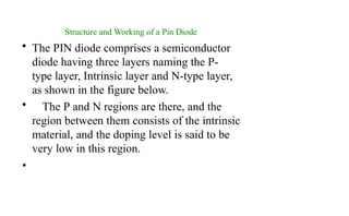 Structure and Working of a Pin Diode
• The PIN diode comprises a semiconductor
diode having three layers naming the P-
type layer, Intrinsic layer and N-type layer,
as shown in the figure below.
• The P and N regions are there, and the
region between them consists of the intrinsic
material, and the doping level is said to be
very low in this region.
•
 