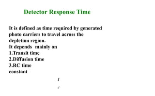 Detector Response Time
It is defined as time required by generated
photo carriers to travel across the
depletion region.
It depends mainly on
1.Transit time
2.Diffusion time
3.RC time
constant
t
d
 