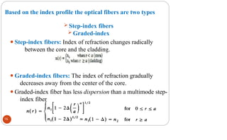 ⚫Graded-index fibers: The index of refraction gradually
decreases away from the center of the core.
⚫Graded-index fiber has less dispersion than a multimode step-
index fiber
Based on the index profile the optical fibers are two types
 Step-index fibers
 Graded-index
⚫Step-index fibers: Index of refraction changes radically
between the core and the cladding.
16
 