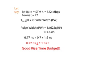 Let
say, Bit Rate = STM 4 = 622 Mbps
Format = RZ
Tsys < 0.7 x Pulse Width (PW)
Pulse Width (PW) = 1/(622x106)
= 1.6 ns
0.77 ns < 0.7 x 1.6 ns
0.77 ns < 1.1 ns !!
Good Rise Time Budget!!
 