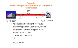 Example:
Power Budget Measurement for Long Haul
Transmission
PTx = 0 dBm
185
km
Splice
Attenuation Coefficient,  = 0.25
dB/km Dispersion Coefficient, D = 18
ps/nm-km Number of Splice = 46
Splice Loss = 0.1 dB
Connector Loss = 0.2
dB
PMargin = 6 dB
Connector
PSEN = -28 dBm
 