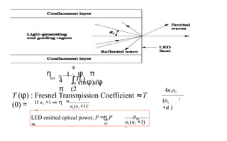 φ
c
4
π
= 1
0
∫T( )
(2
φ π
sinφ)dφ
η
ext
4n1n2
(n
+n )
2
1
2
T (φ) : Fresnel Transmission Coefficient ≈T
(0) = 1 1
1
If n2 =1 ⇒ η
ext
≈
n (n +1)2
1 1
n (n +1)
2
Pint
ext
int
LED emitted optical power, P =η P
≈
 