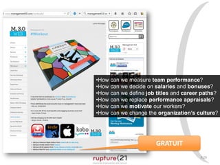 P.29
•How can we measure team performance?
•How can we decide on salaries and bonuses?
•How can we define job titles and career paths?
•How can we replace performance appraisals?
•How can we motivate our workers?
•How can we change the organization’s culture?
GRATUIT
 