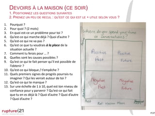 DEVOIRS À LA MAISON (CE SOIR)
1. POSITIONNEZ LES QUESTIONS SUIVANTES
2. PRENEZ UN PEU DE RECUL : QU’EST CE QUI EST LE + UTILE SELON VOUS ?
P.37
1. Pourquoi ?
2. Pour quoi ? (2 mots)
3. En quoi est-ce un problème pour toi ?
4. Qu’est-ce qui marche déjà ? Quoi d’autre ?
5. Qu’est-ce qui ne va pas ?
6. Qu’est ce que tu voudrais à la place de la
situation actuelle ?
7. Comment tu ferais pour … ?
8. Quelles sont les causes possibles ?
9. Qu’est ce qui te fait penser qu’il est possible de
l’obtenir ?
10. Qu’est-ce qui bloque / t’empêche ?
11. Quels premiers signes de progrès pourrais-tu
imaginer ? Qui les verrait autour de toi ?
12. Qu’est-ce qui te manque ?
13. Sur une échelle de 1 à 10, quel est ton niveau de
confiance pour y parvenir ? Qu’est-ce qui fait
que tu en es déjà là ? Quoi d’autre ? Quoi d’autre
? Quoi d’autre ?
 