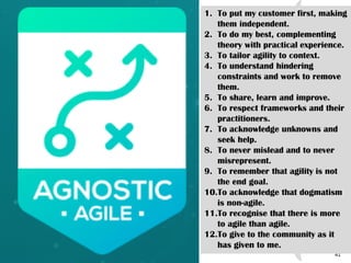41
1. To put my customer first, making
them independent.
2. To do my best, complementing
theory with practical experience.
3. To tailor agility to context.
4. To understand hindering
constraints and work to remove
them.
5. To share, learn and improve.
6. To respect frameworks and their
practitioners.
7. To acknowledge unknowns and
seek help.
8. To never mislead and to never
misrepresent.
9. To remember that agility is not
the end goal.
10.To acknowledge that dogmatism
is non-agile.
11.To recognise that there is more
to agile than agile.
12.To give to the community as it
has given to me.
 