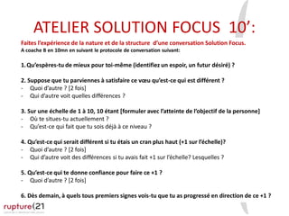 ATELIER SOLUTION FOCUS 10’:
Faites l’expérience de la nature et de la structure d’une conversation Solution Focus.
A coach...