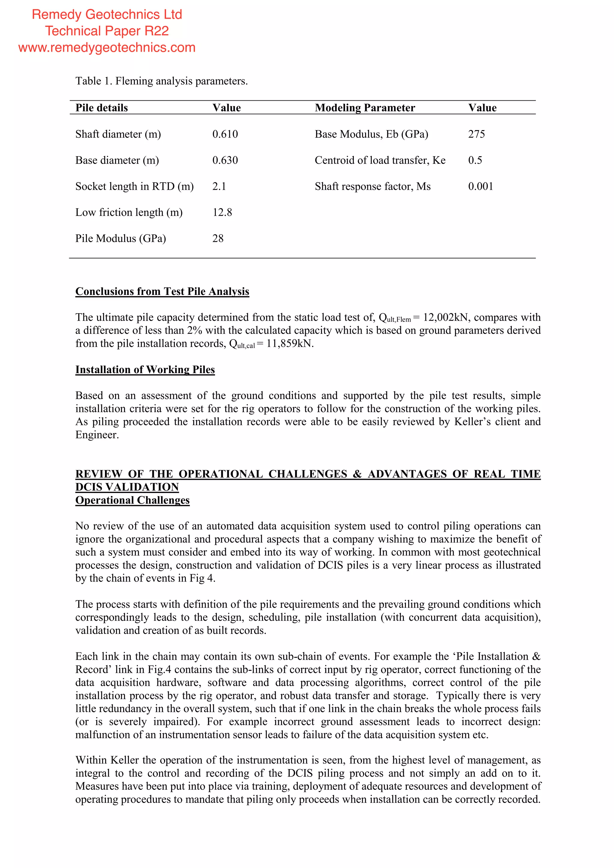 Table 1. Fleming analysis parameters.
Pile details Value Modeling Parameter Value
Shaft diameter (m) 0.610 Base Modulus, Eb (GPa) 275
Base diameter (m) 0.630 Centroid of load transfer, Ke 0.5
Socket length in RTD (m) 2.1 Shaft response factor, Ms 0.001
Low friction length (m) 12.8
Pile Modulus (GPa) 28
Conclusions from Test Pile Analysis
The ultimate pile capacity determined from the static load test of, Qult,Flem = 12,002kN, compares with
a difference of less than 2% with the calculated capacity which is based on ground parameters derived
from the pile installation records, Qult,cal = 11,859kN.
Installation of Working Piles
Based on an assessment of the ground conditions and supported by the pile test results, simple
installation criteria were set for the rig operators to follow for the construction of the working piles.
As piling proceeded the installation records were able to be easily reviewed by Keller’s client and
Engineer.
REVIEW OF THE OPERATIONAL CHALLENGES & ADVANTAGES OF REAL TIME
DCIS VALIDATION
Operational Challenges
No review of the use of an automated data acquisition system used to control piling operations can
ignore the organizational and procedural aspects that a company wishing to maximize the benefit of
such a system must consider and embed into its way of working. In common with most geotechnical
processes the design, construction and validation of DCIS piles is a very linear process as illustrated
by the chain of events in Fig 4.
The process starts with definition of the pile requirements and the prevailing ground conditions which
correspondingly leads to the design, scheduling, pile installation (with concurrent data acquisition),
validation and creation of as built records.
Each link in the chain may contain its own sub-chain of events. For example the ‘Pile Installation &
Record’ link in Fig.4 contains the sub-links of correct input by rig operator, correct functioning of the
data acquisition hardware, software and data processing algorithms, correct control of the pile
installation process by the rig operator, and robust data transfer and storage. Typically there is very
little redundancy in the overall system, such that if one link in the chain breaks the whole process fails
(or is severely impaired). For example incorrect ground assessment leads to incorrect design:
malfunction of an instrumentation sensor leads to failure of the data acquisition system etc.
Within Keller the operation of the instrumentation is seen, from the highest level of management, as
integral to the control and recording of the DCIS piling process and not simply an add on to it.
Measures have been put into place via training, deployment of adequate resources and development of
operating procedures to mandate that piling only proceeds when installation can be correctly recorded.
Remedy Geotechnics Ltd
Technical Paper R22
www.remedygeotechnics.com
 