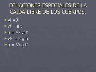 ECUACIONES ESPECIALES DE LA CAIDA LIBRE DE LOS CUERPOS. Vi =0 vf = a t h = ½ vf t vf 2  = 2 g h h = ½ g t 2   