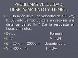PROBLEMAS VELOCIDAD, DESPLAZAMIENTO Y TIEMPO. 1.- Un avión lleva una velocidad de 400 km/h. ¿Cuánto tiempo utilizará en recorrer una distancia de 20 Km? Dar la respuesta en horas y minutos. Datos Fórmula t =? V = d/t d = 20 km = 20000 m  despejando t V = 400 km/h  t = d/v 