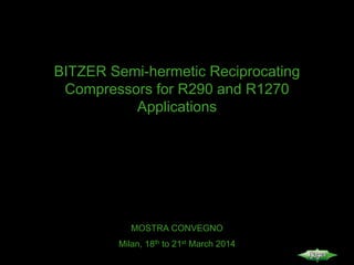 BITZER Semi-hermetic Reciprocating
Compressors for R290 and R1270
Applications
MOSTRA CONVEGNO
Milan, 18th to 21st March 2014
 