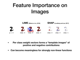 Feature Importance on
Images
LIME [Ribeiro et. al., 2016] SHAP [Lundberg and Lee, 2017]
• Per class weight vectors forms a...