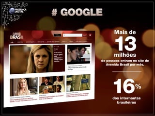 Mais de


       13
       milhões
de pessoas entram no site de
   Avenida Brasil por mês.




      16           %
      dos internautas
        brasileiros
 
