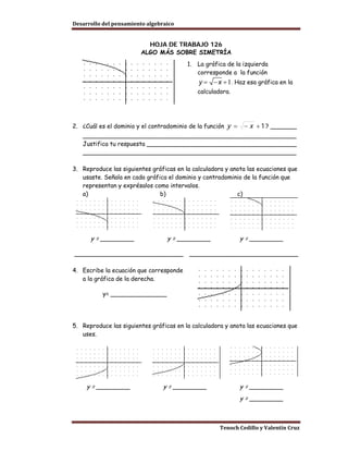 Desarrollo del pensamiento algebraico


                          HOJA DE TRABAJO 126
                        ALGO MÁS SOBRE SIMETRÍA
                                         1.   La gráfica de la izquierda
                                              corresponde a la función
                                                             . Haz esa gráfica en la
                                              calculadora.




2. ¿Cuál es el dominio y el contradominio de la función y =      − x + 1 ? _______
   _________________________________________________________
   Justifica tu respuesta ________________________________________
   _________________________________________________________

3. Reproduce las siguientes gráficas en la calculadora y anota las ecuaciones que
   usaste. Señala en cada gráfica el dominio y contradominio de la función que
   representan y exprésalos como intervalos.
   a)                          b)                          c)




      y = _________               y = _________                 y = _________

_____________________________             _____________________________

4. Escribe la ecuación que corresponde
   a la gráfica de la derecha.

           y= _______________




5. Reproduce las siguientes gráficas en la calculadora y anota las ecuaciones que
   uses.




     y = _________               y = _________                  y = _________
                                                                y = _________



                                                      Tenoch Cedillo y Valentín Cruz
 