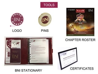 CHAPTER ROSTER
CERTIFICATES
PINSLOGO
BNI STATIONARY
TOOLS
 